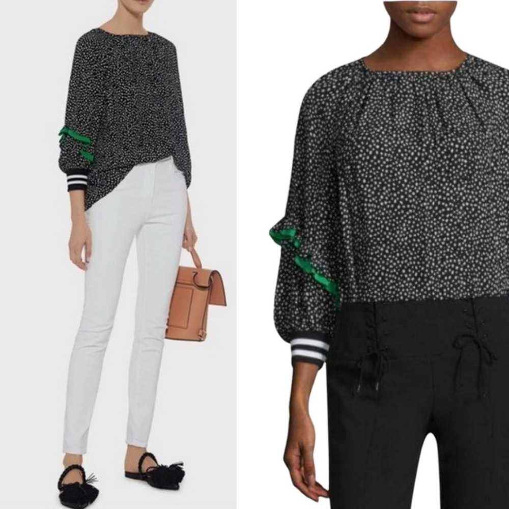 TIBI Martine Ruffle Polka Dot Shirred Neck Blouse